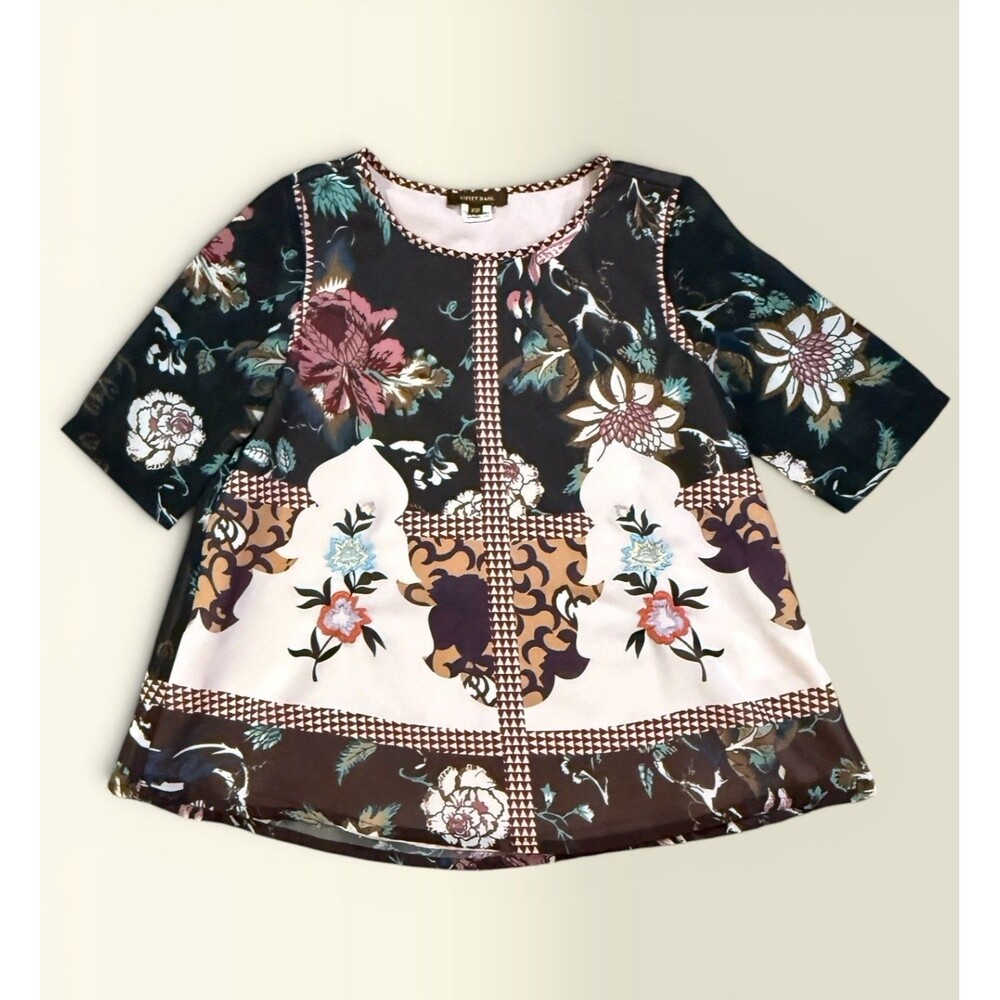 Vineet Bahl XSP Floral Patchwork Sheer Blouse Lined Top Petite Bohemian